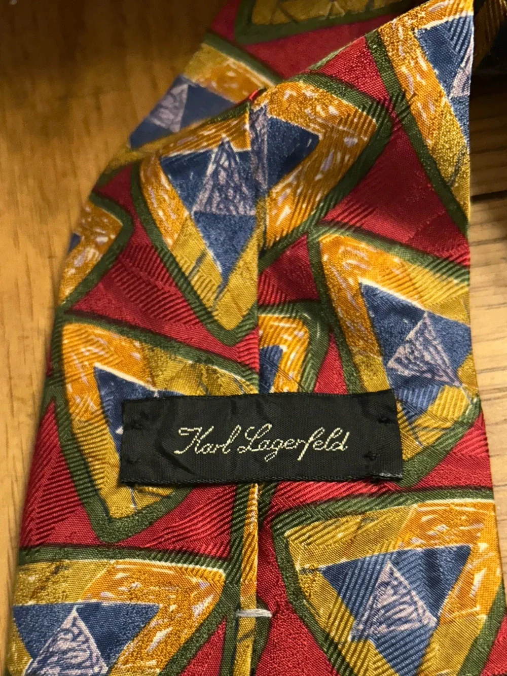 Karl Lagerfeld Red Silk Tie with Blue and Gold Geometric Motif